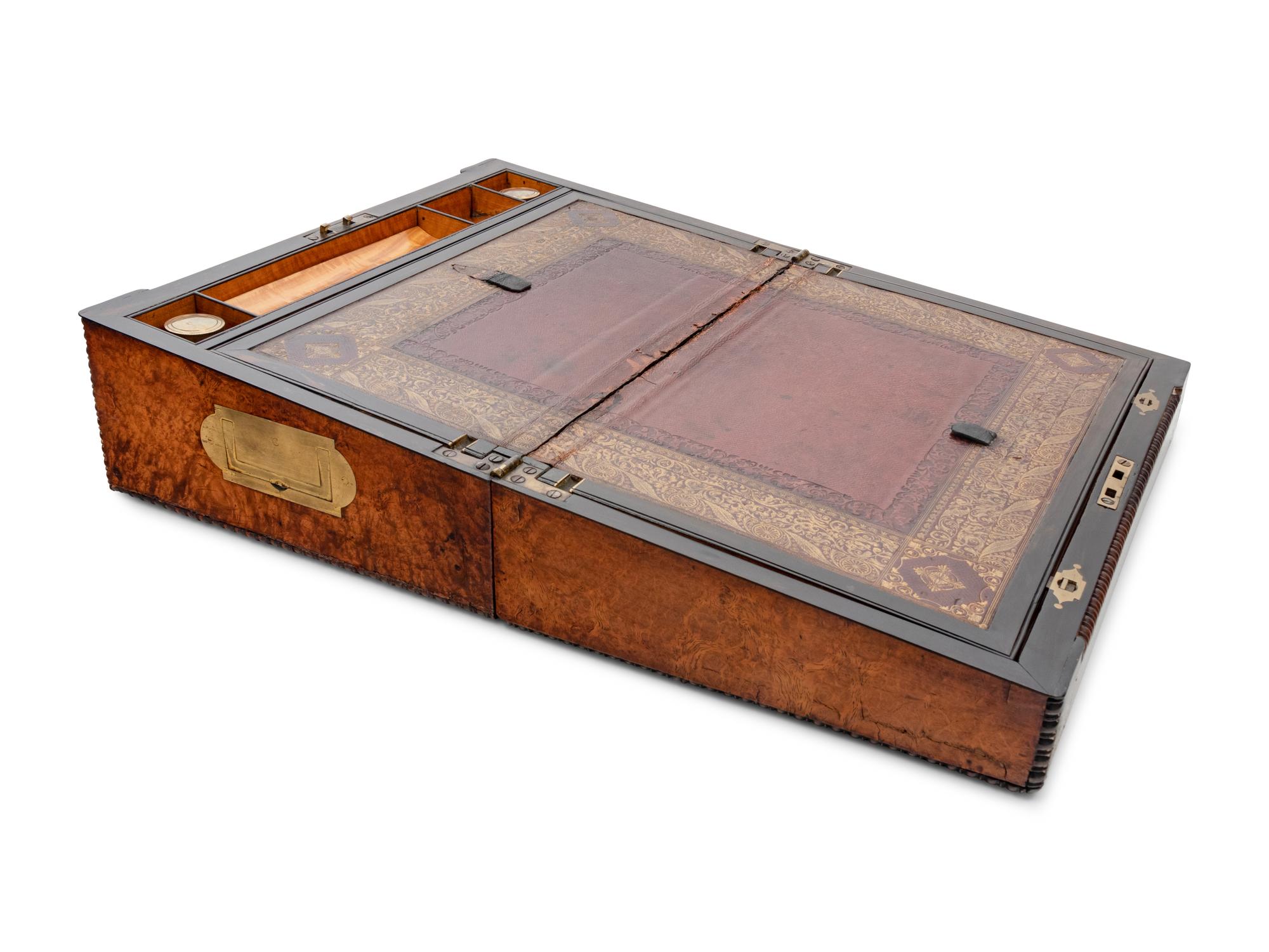 An Early Victorian Mother-of-Pearl Inlaid Amboyna and Burlwood Writing Slope