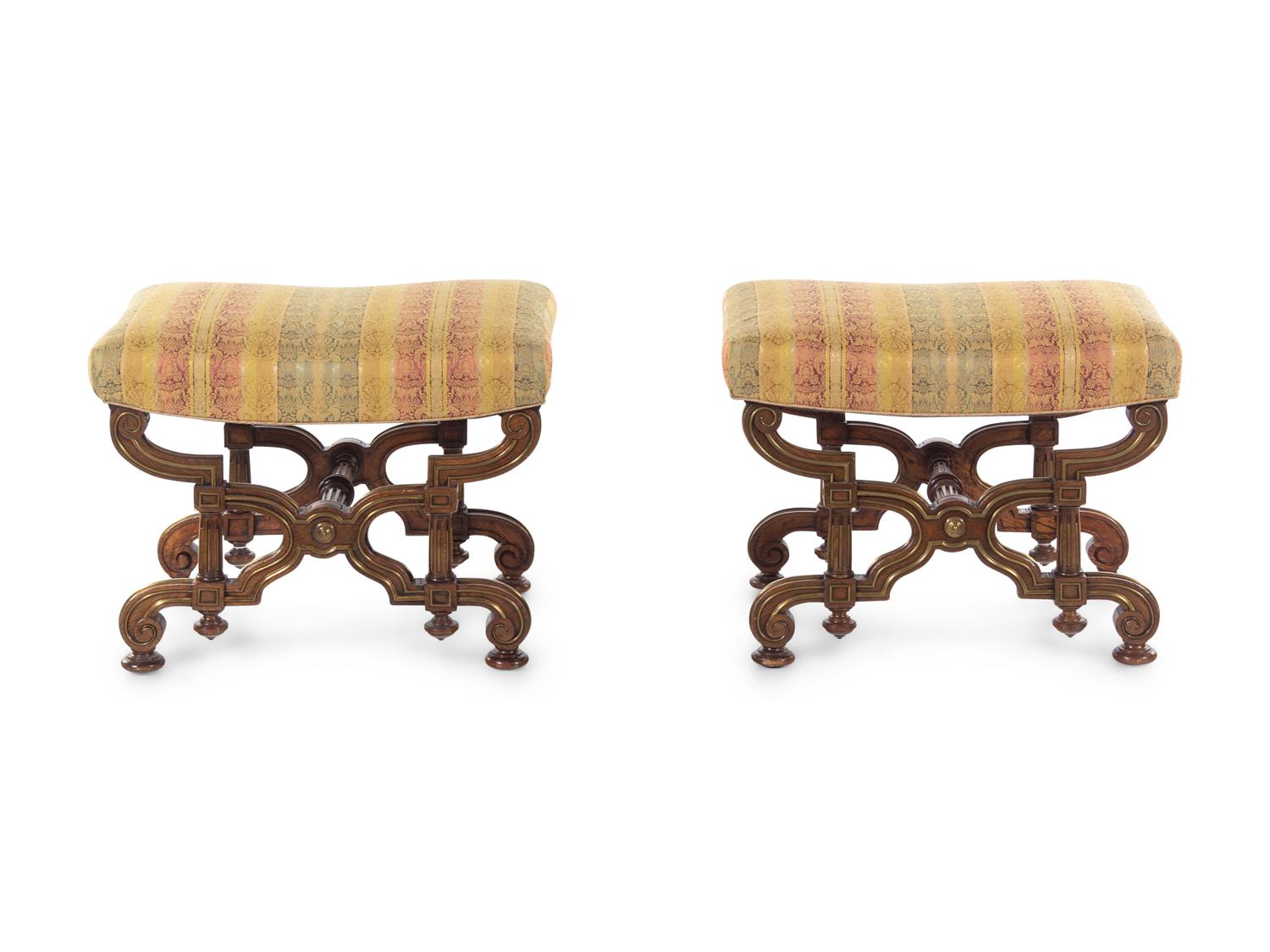 A Pair of Russian Empire Bronze Mounted Oak Curule-Form Tabourets