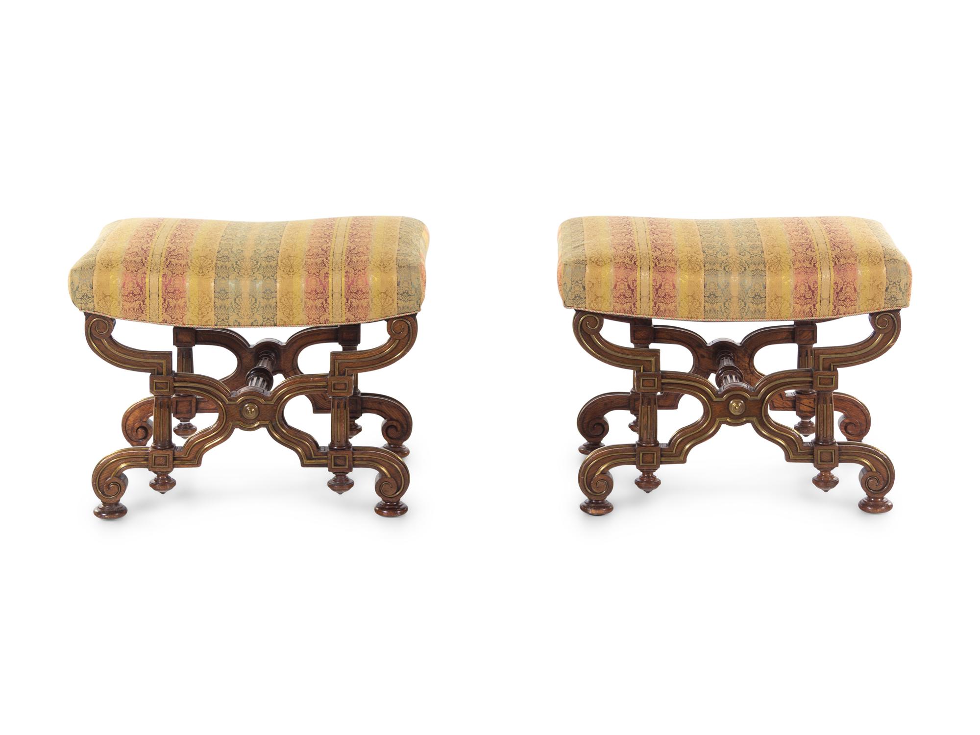 A Pair of Russian Empire Bronze Mounted Oak Curule-Form Tabourets