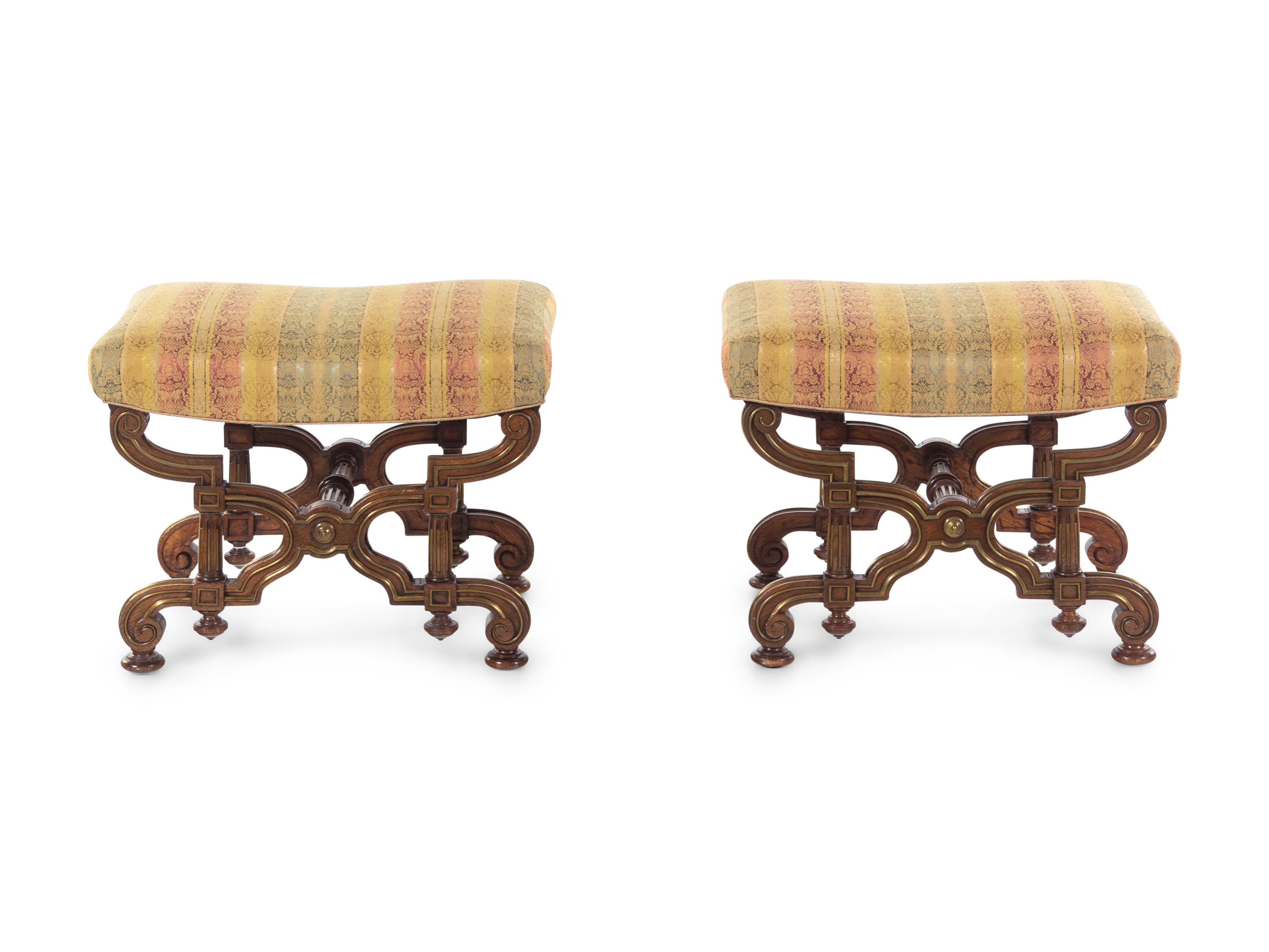 A Pair of Russian Empire Bronze Mounted Oak Curule-Form Tabourets