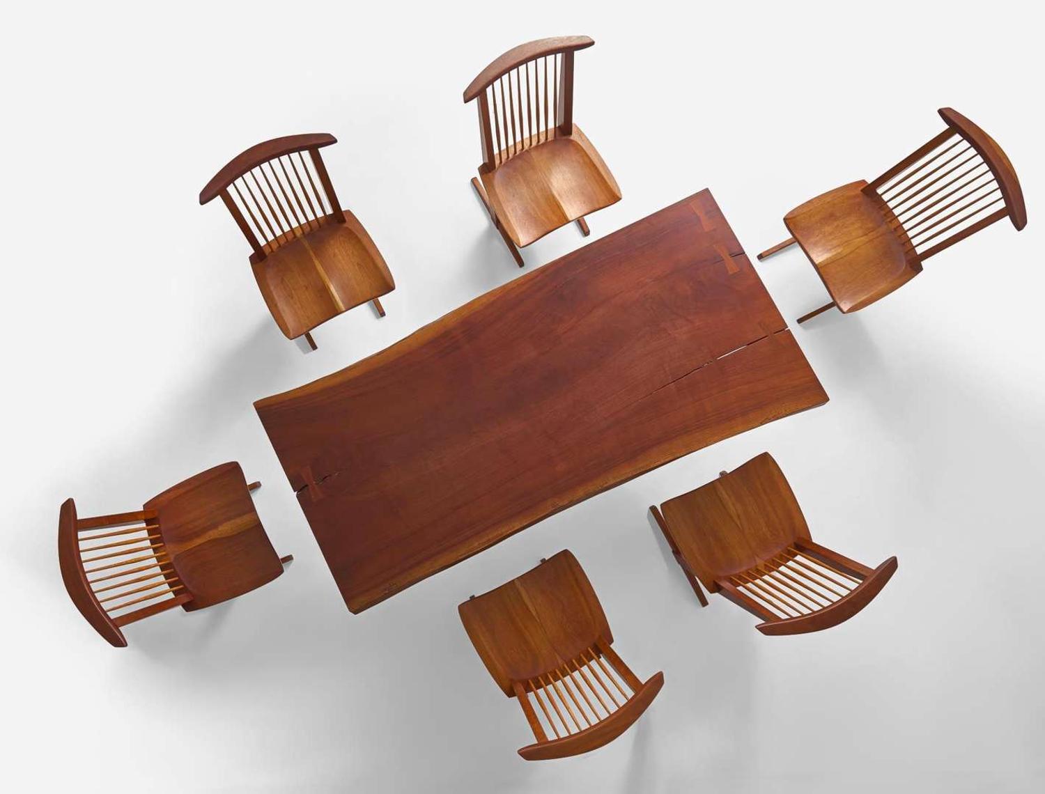 George Nakashima (American, 1905-1990) Fine Single-Board "Trestle" Dining Table and Set of Six "Conoid" Dining Chairs, New Hope, Pennsylvania, 1986-87