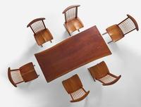George Nakashima (American, 1905-1990) Fine Single-Board "Trestle" Dining Table and Set of Six "Conoid" Dining Chairs, New Hope, Pennsylvania, 1986-87