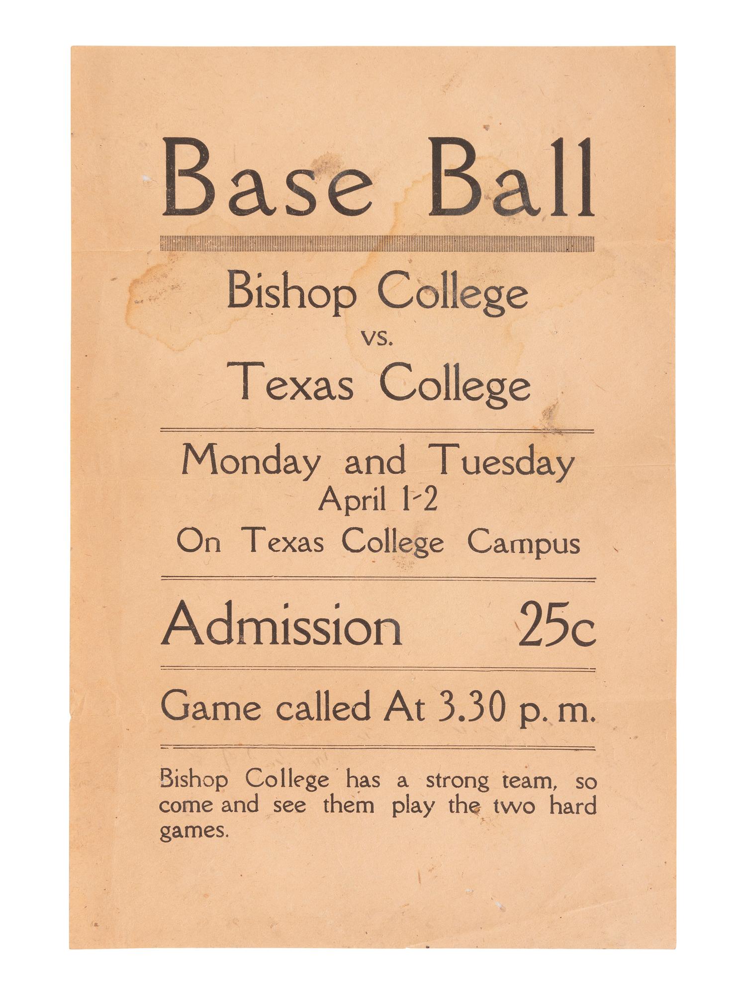 [Sports] Base Ball / Bishop College Vs. Texas College broadside with Bishop College postcard