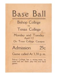 [Sports] Base Ball / Bishop College Vs. Texas College broadside with Bishop College postcard