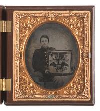 [CIVIL WAR]. Sixth plate ruby ambrotype of a musician with painted drum.