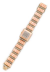 An 18 Karat Bicolor Gold, Diamond and Coral Wristwatch, Longines, 57.80 dwts.