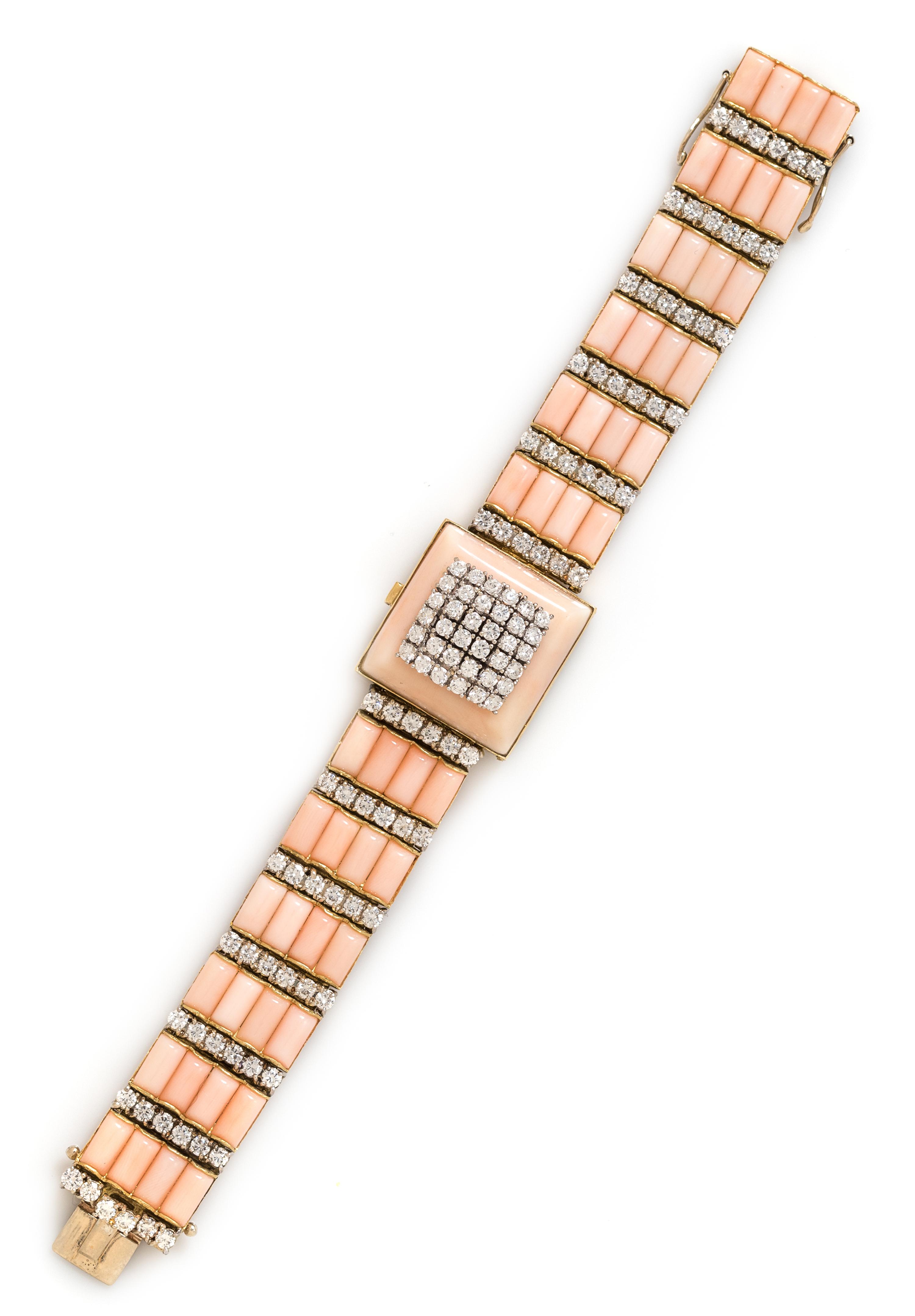 An 18 Karat Bicolor Gold, Diamond and Coral Wristwatch, Longines, 57.80 dwts.