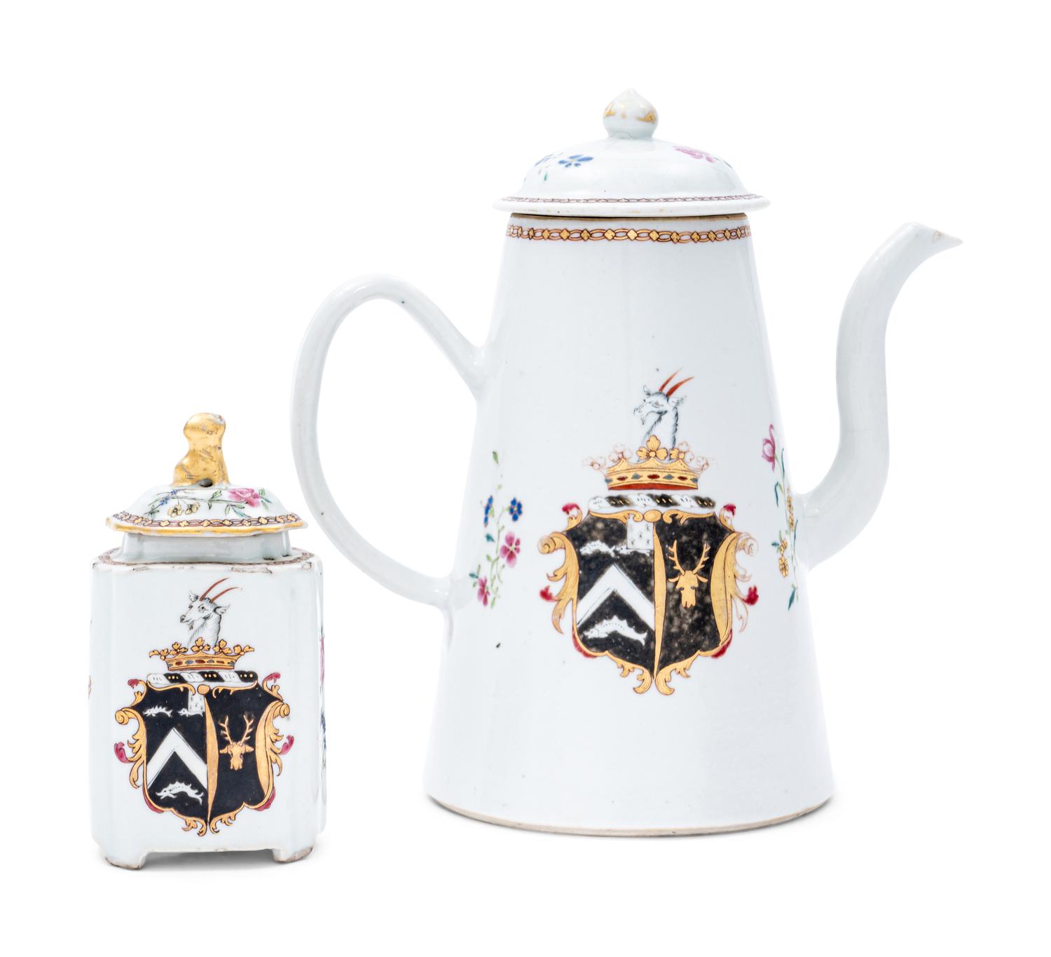 A Chinese Export Porcelain Armorial Coffee Pot and Tea Caddy