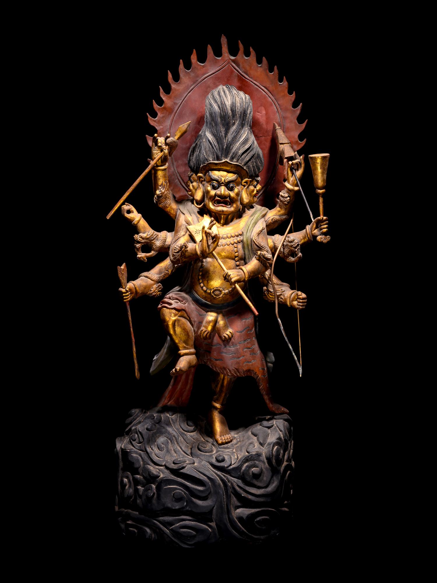 A Large Gilt and Red Lacquered Wood Figure of Mahakala