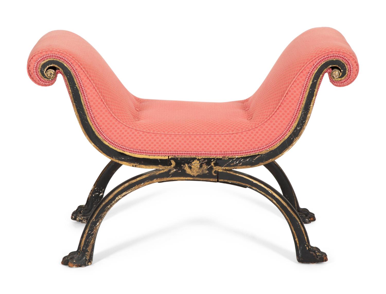 A Regency Style Black Painted and Parcel Gilt Curule Bench