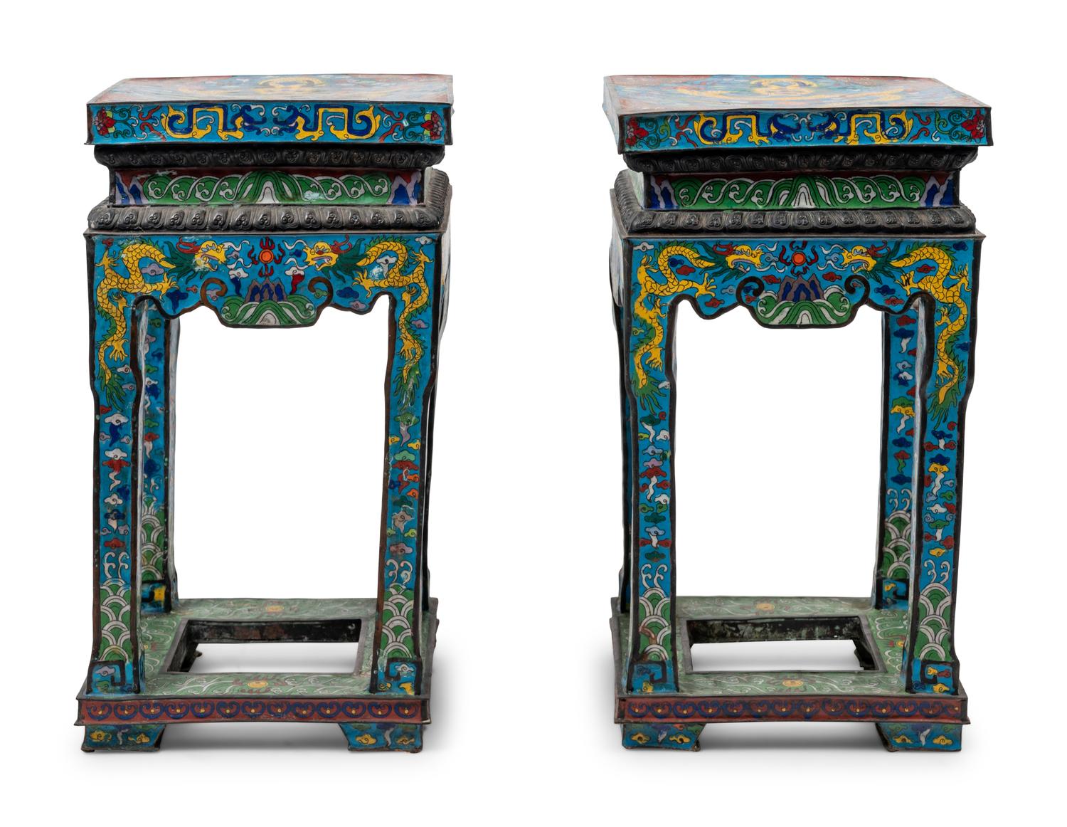 A Pair of Chinese Blue Ground Cloisonné Enamel Stools