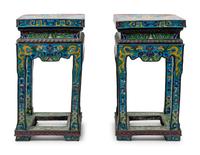 A Pair of Chinese Blue Ground Cloisonné Enamel Stools