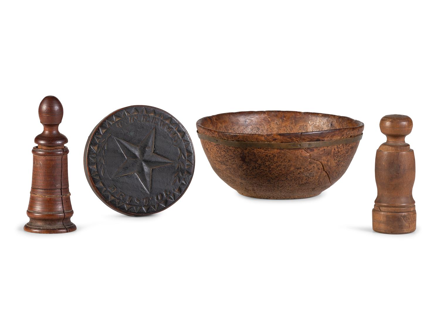 A Burlwood Bowl, Turned Box and Two Pepper Grinders
