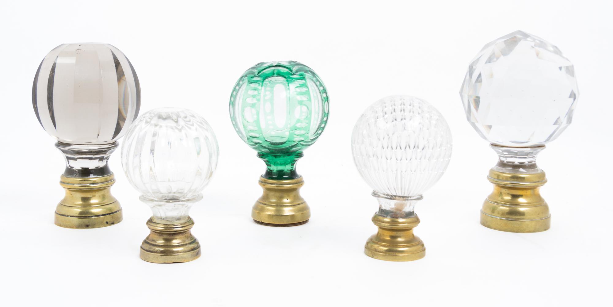 A Collection of Five Glass Newell Post Finials Height of tallest 8 1/4 inches. — 19TH/20TH CENTURY