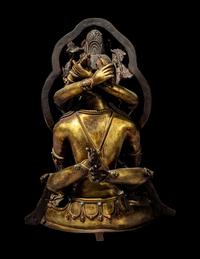 A Sino-Tibetan Hardstone Inset Gilt Bronze Figure of a Seated Bodhisattva and Consort