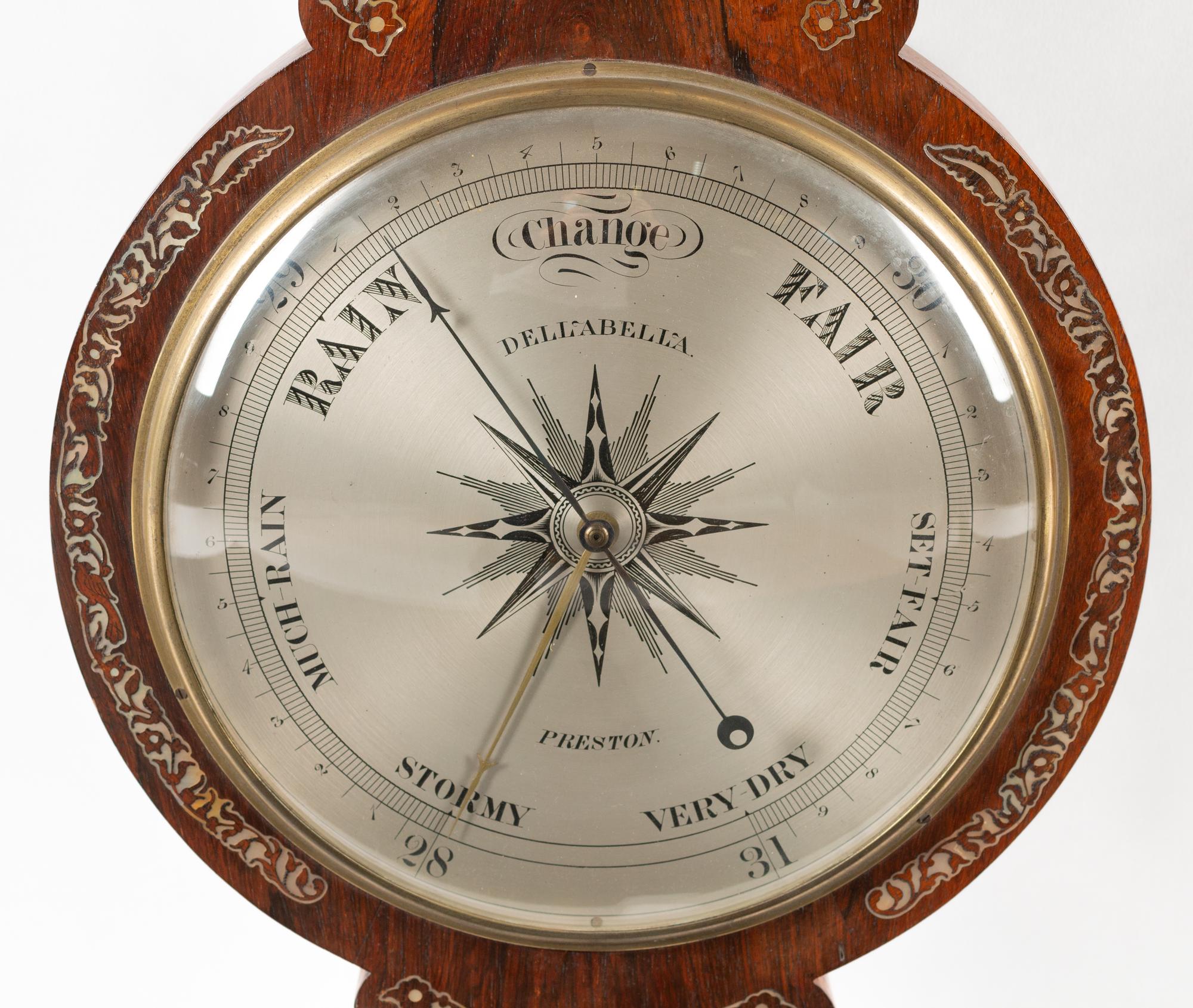 An English Mother-of-Pearl Inlaid Rosewood Wheel Barometer