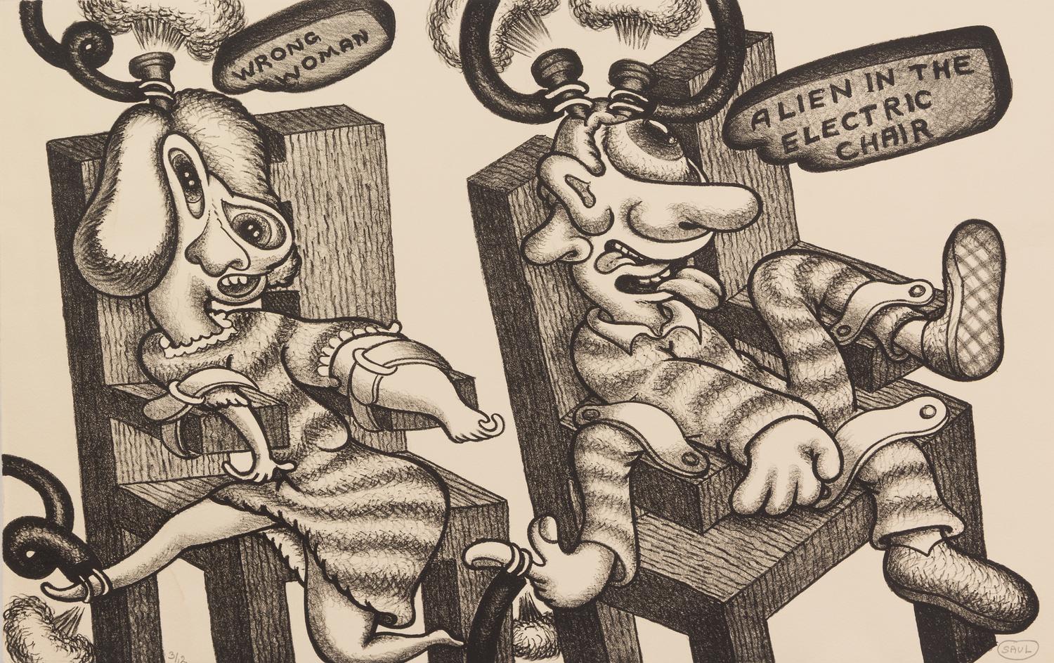 Peter Saul, (American, b. 1934), Adam and Eve, Alien in the Electric Chair, and Ideas (a group of three works)