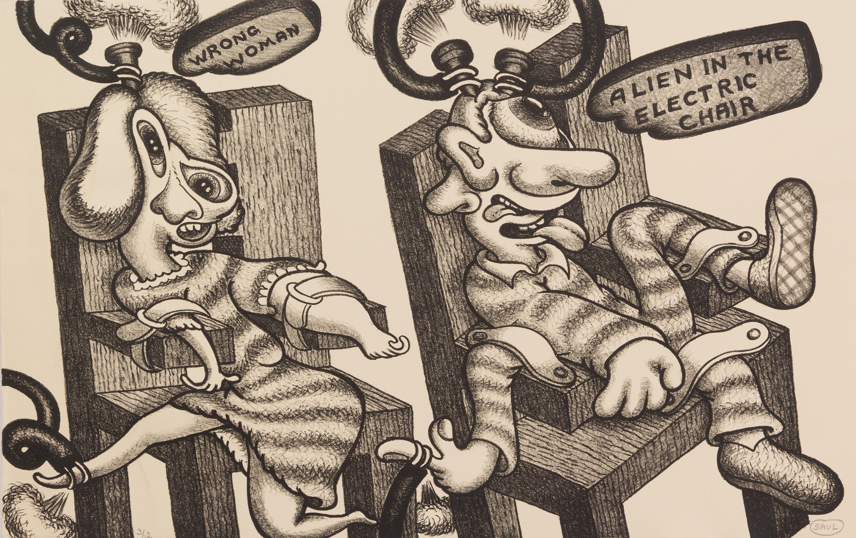 Peter Saul, (American, b. 1934), Adam and Eve, Alien in the Electric Chair, and Ideas (a group of three works)