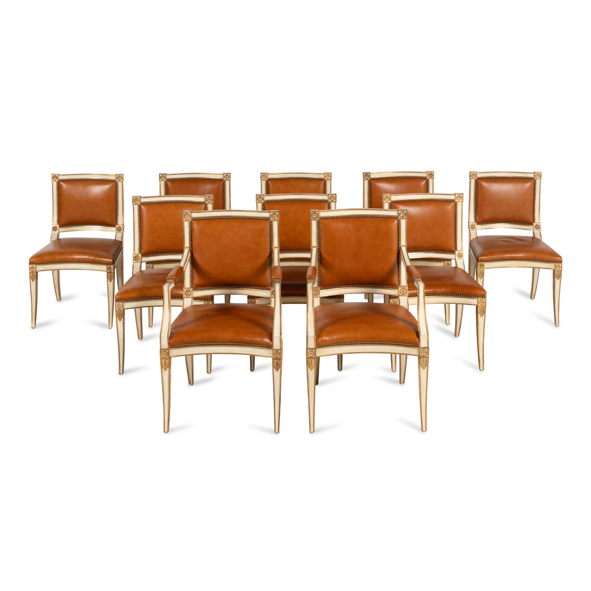 A Set of Twelve Italian Cream-Painted and Parcel Gilt Dining Chairs