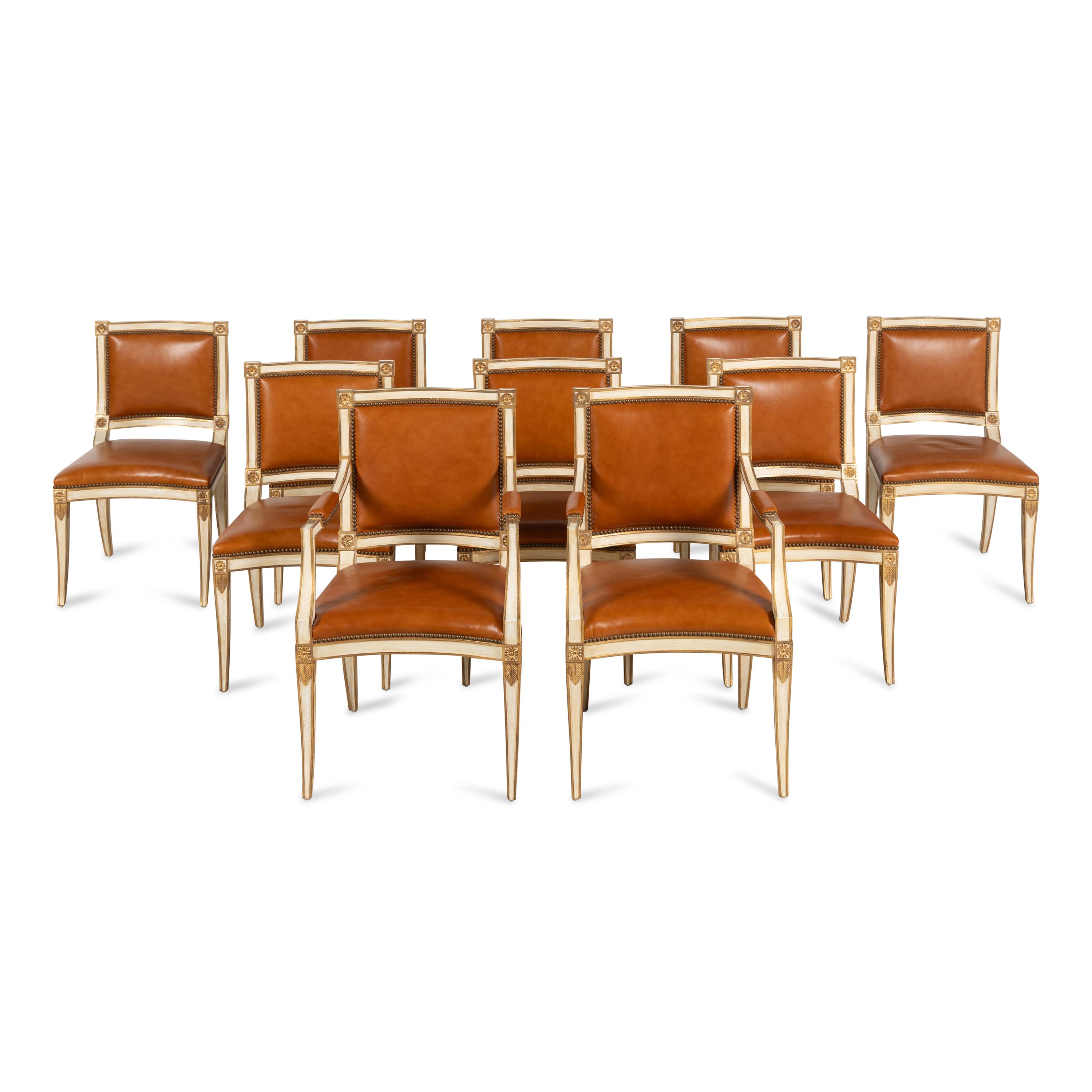 A Set of Twelve Italian Cream-Painted and Parcel Gilt Dining Chairs