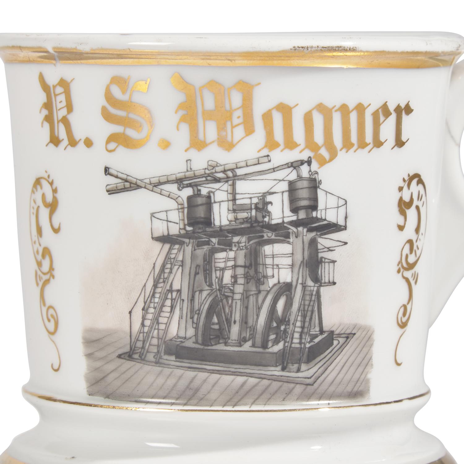 A Gilt and Enamel-Decorated Porcelain Occupational Shaving Mug Depicting the Corliss Steam Engine at Philadelphia Centennial Exposition