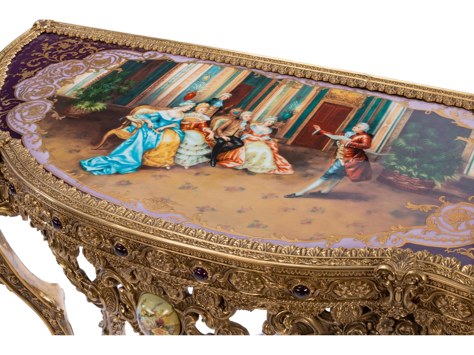A Pair of French Gilt Bronze and Transfer-Printed Porcelain Mounted Console Tables