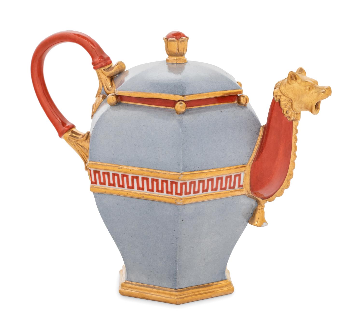 A Sèvres Powdered Pale Blueish Grey-Ground Hexagonal Hard-Paste Porcelain Teapot and Cover ( Théière 'Chinois Fragonard' )