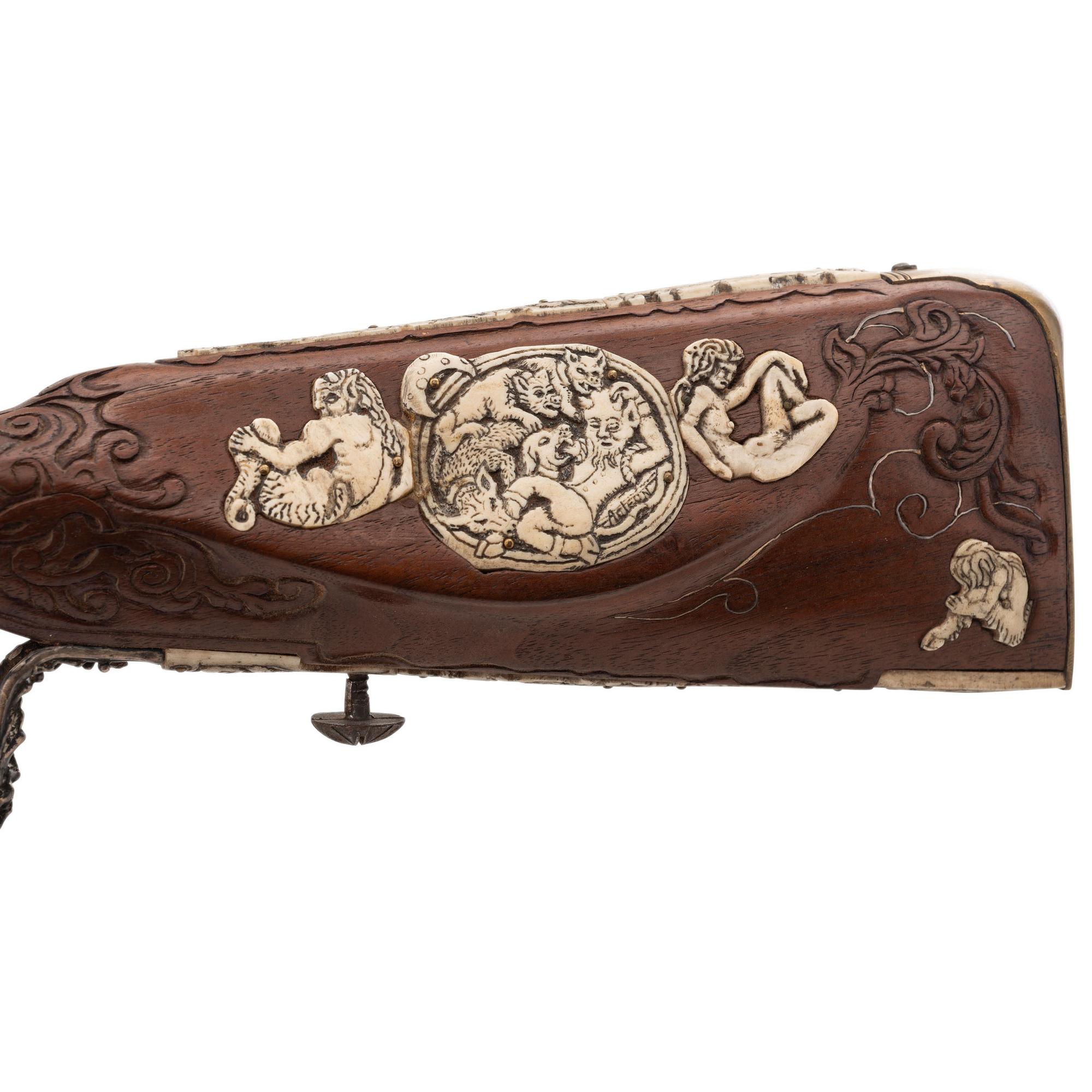 Contemporary Flintlock Jaeger Rifle with Actaeon and Hunting Motifs by John B. Derrick (American, b.1936)