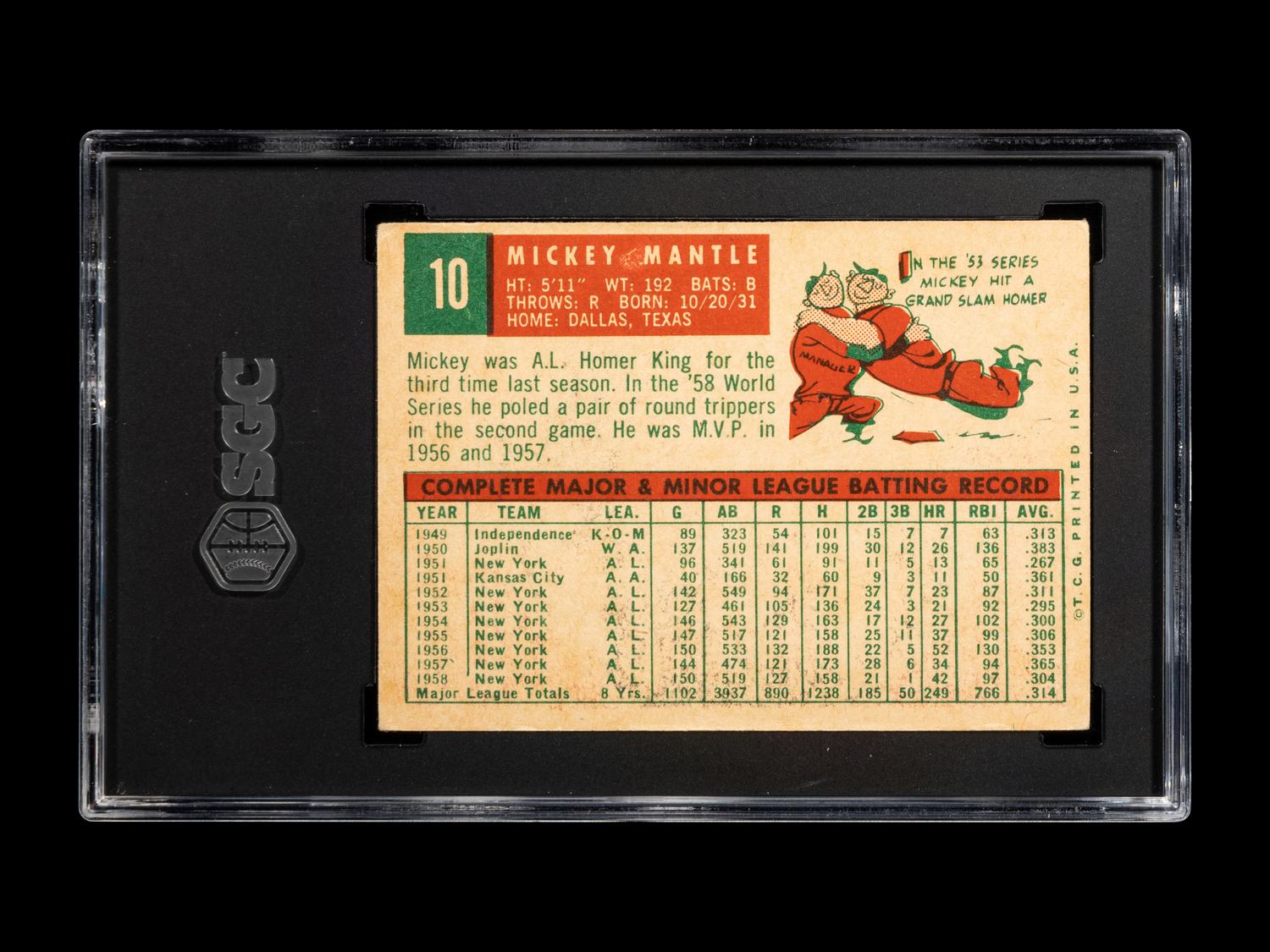 A 1959 Topps Mickey Mantle Baseball Card No. 10 (SGC 3 VG)