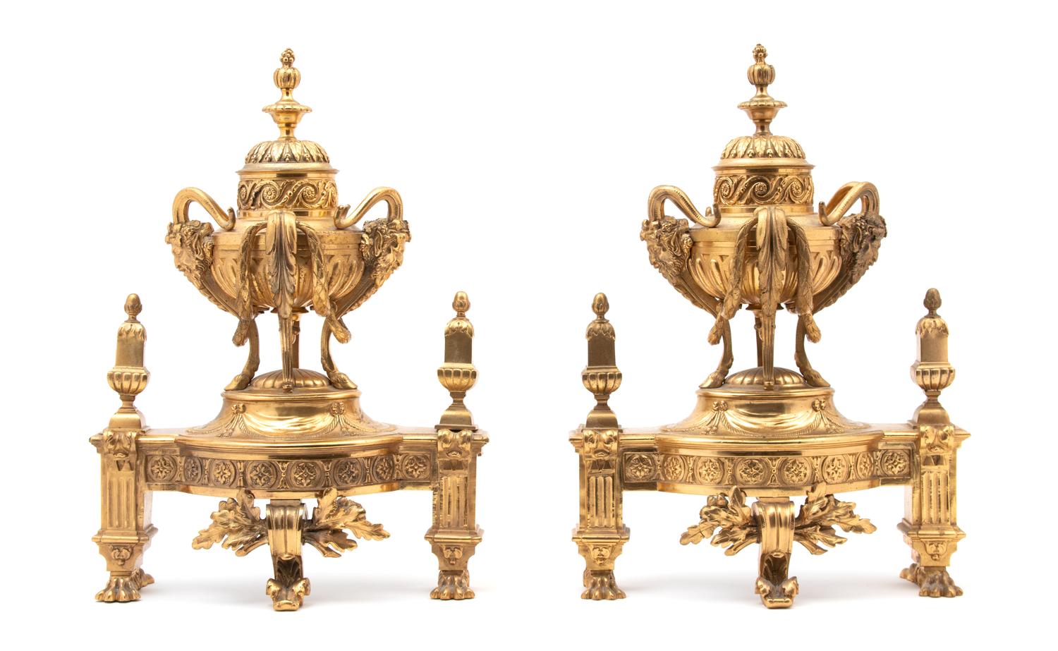 A Pair of Louis XVI Style Gilt Bronze Urn-form Chenets Heigh 17 x width 12 inches. — 19TH CENTURY