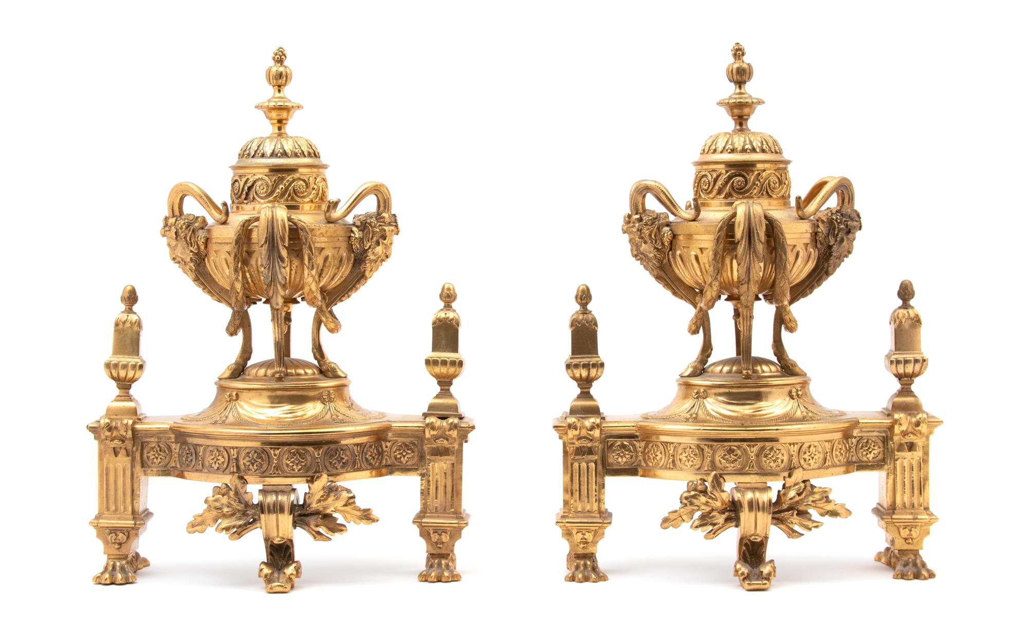 A Pair of Louis XVI Style Gilt Bronze Urn-form Chenets Heigh 17 x width 12 inches. — 19TH CENTURY