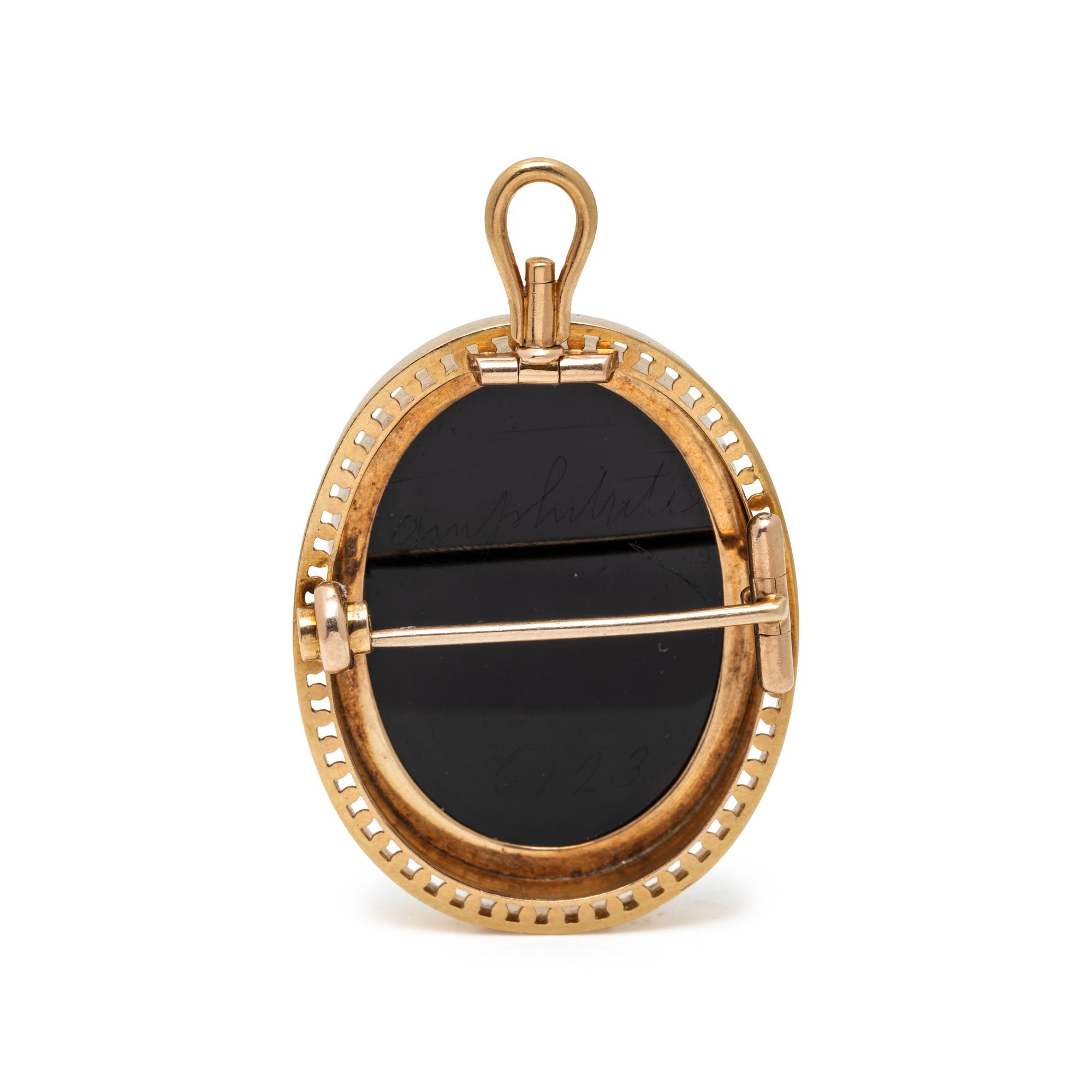 ANTIQUE, YELLOW GOLD AND ONYX CAMEO PENDANT/BROOCH