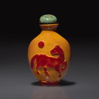 A Chinese Carved "Realgar" Glass "Horse and Lion" Snuff Bottle, Qing Dynasty, 19th Century — 清晚期 仿雄黃地套紅料動物圖鼻煙壺