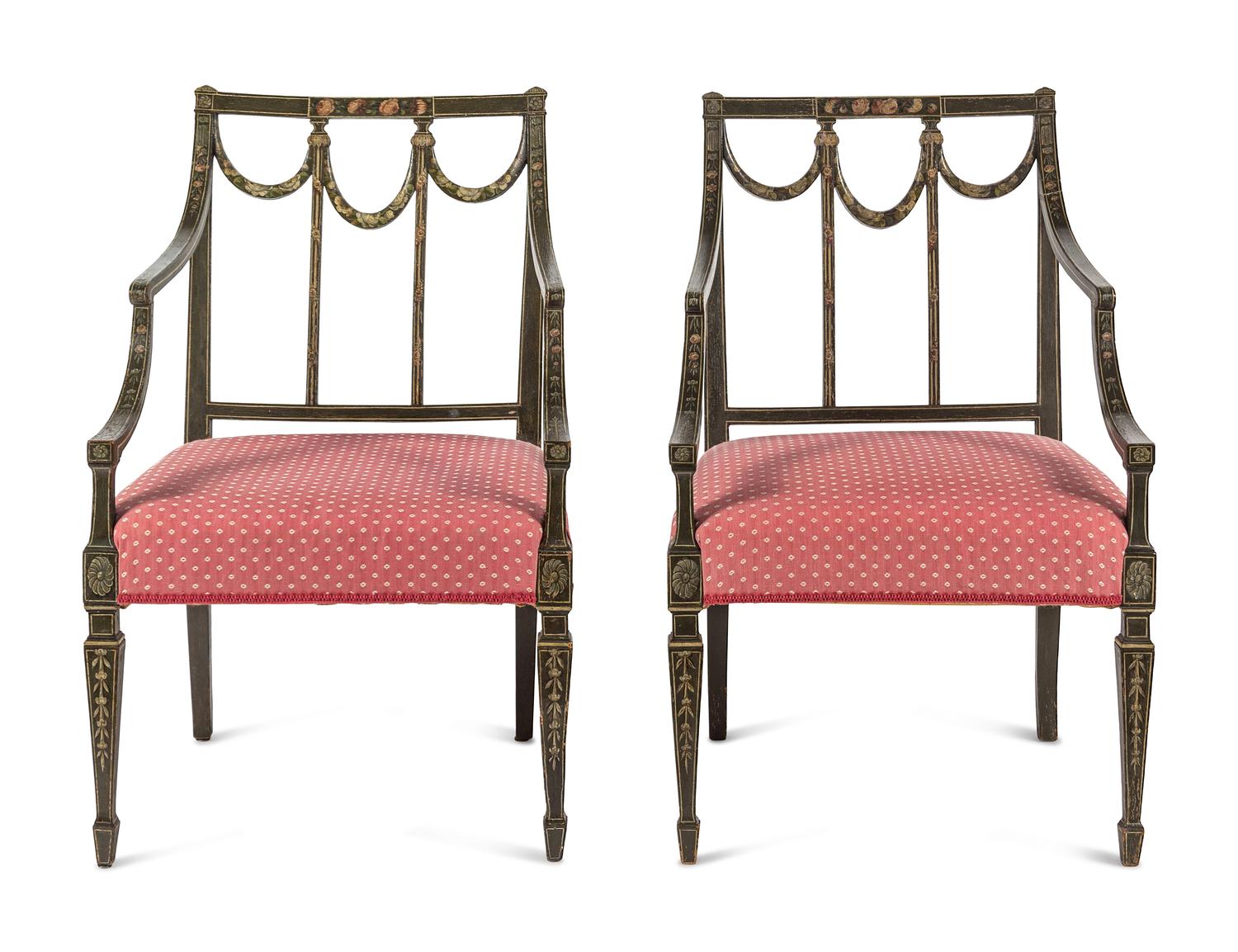 A Pair of George III Polychrome and Green-Painted Open Armchairs