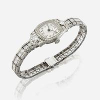 An Art Deco diamond and platinum bracelet watch, Tiffany & Co.