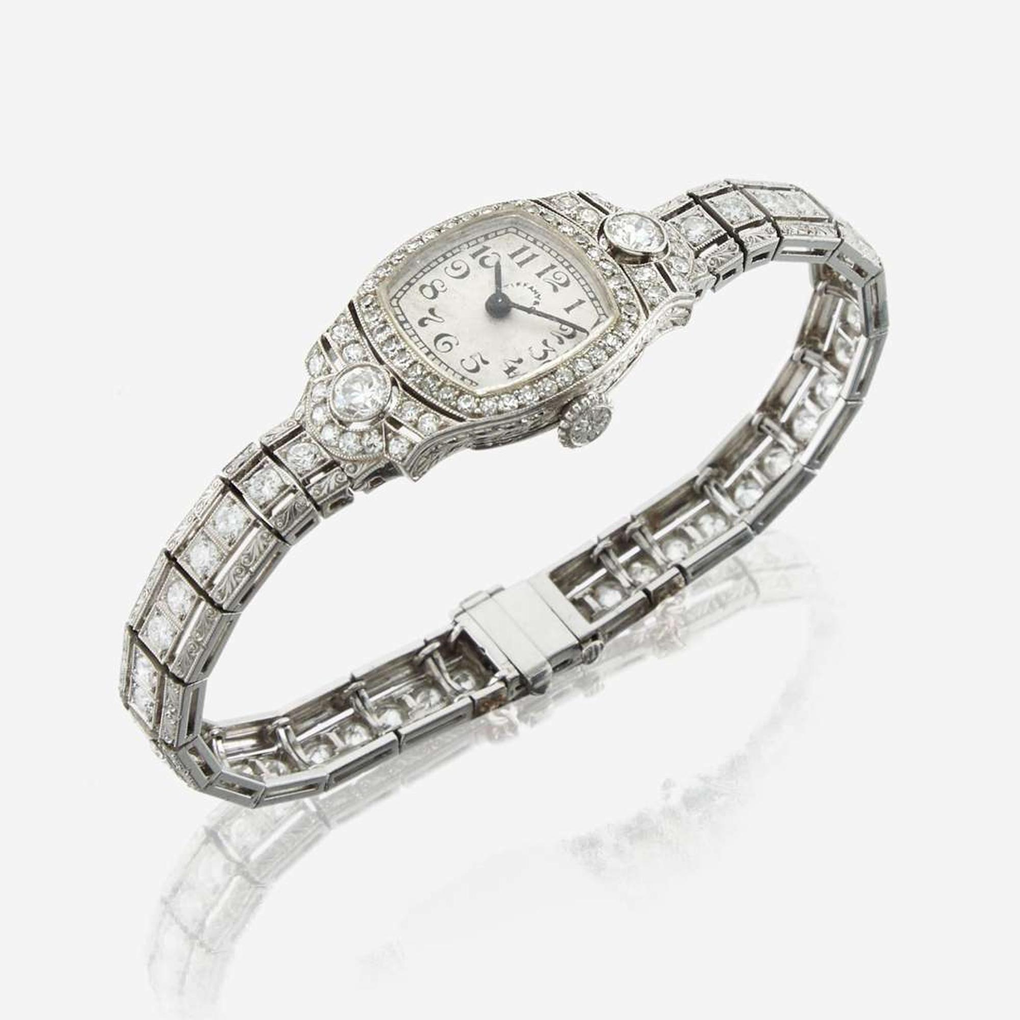 An Art Deco diamond and platinum bracelet watch, Tiffany & Co.