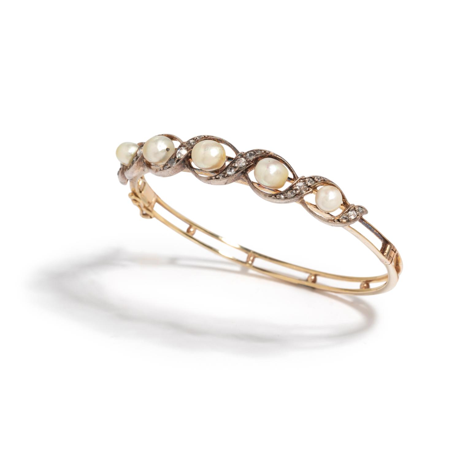 ANTIQUE, PEARL AND DIAMOND BANGLE BRACELET