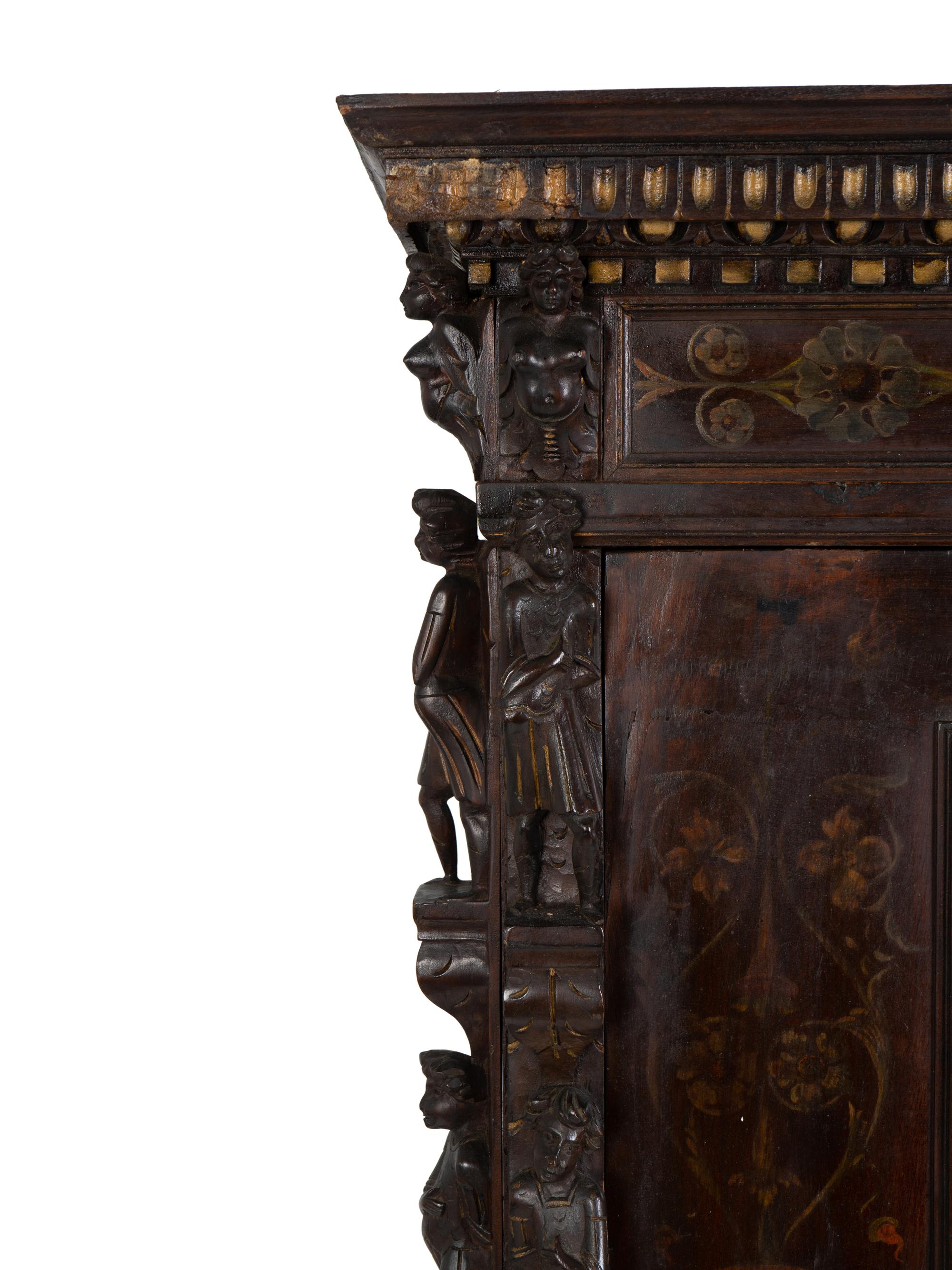A Spanish Colonial Style Carved Oak and Painted Vargueno Cabinet on Base — 19TH CENTURY