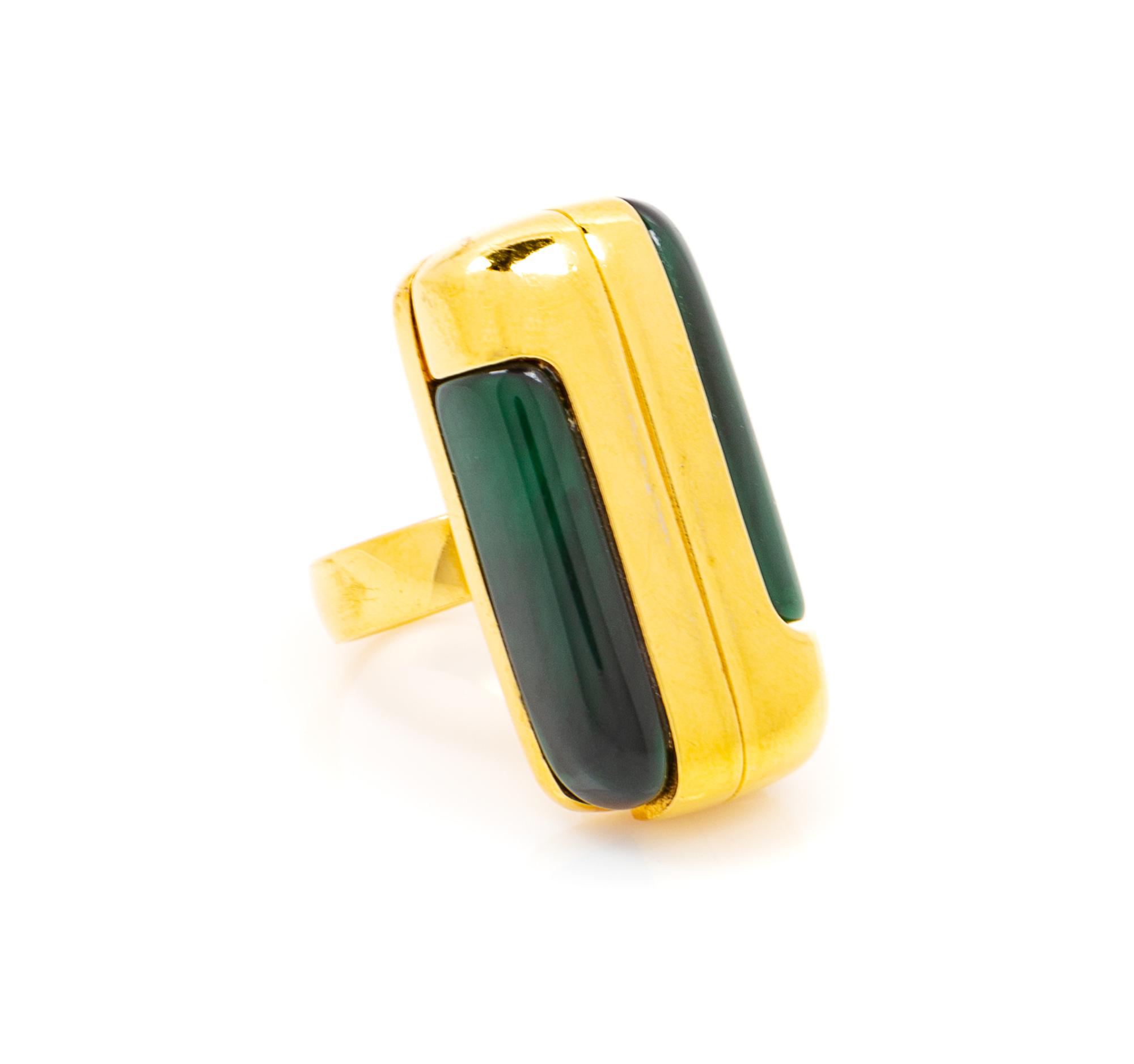 A Lanvin Green Lucite and Goldtone Rectangular Ring, Ring size: 6.5 -7; Rectangle: 1.25" x .5".