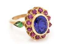 An 18 Karat Yellow Gold, Tanzanite, Ruby and Green Stone Ring,