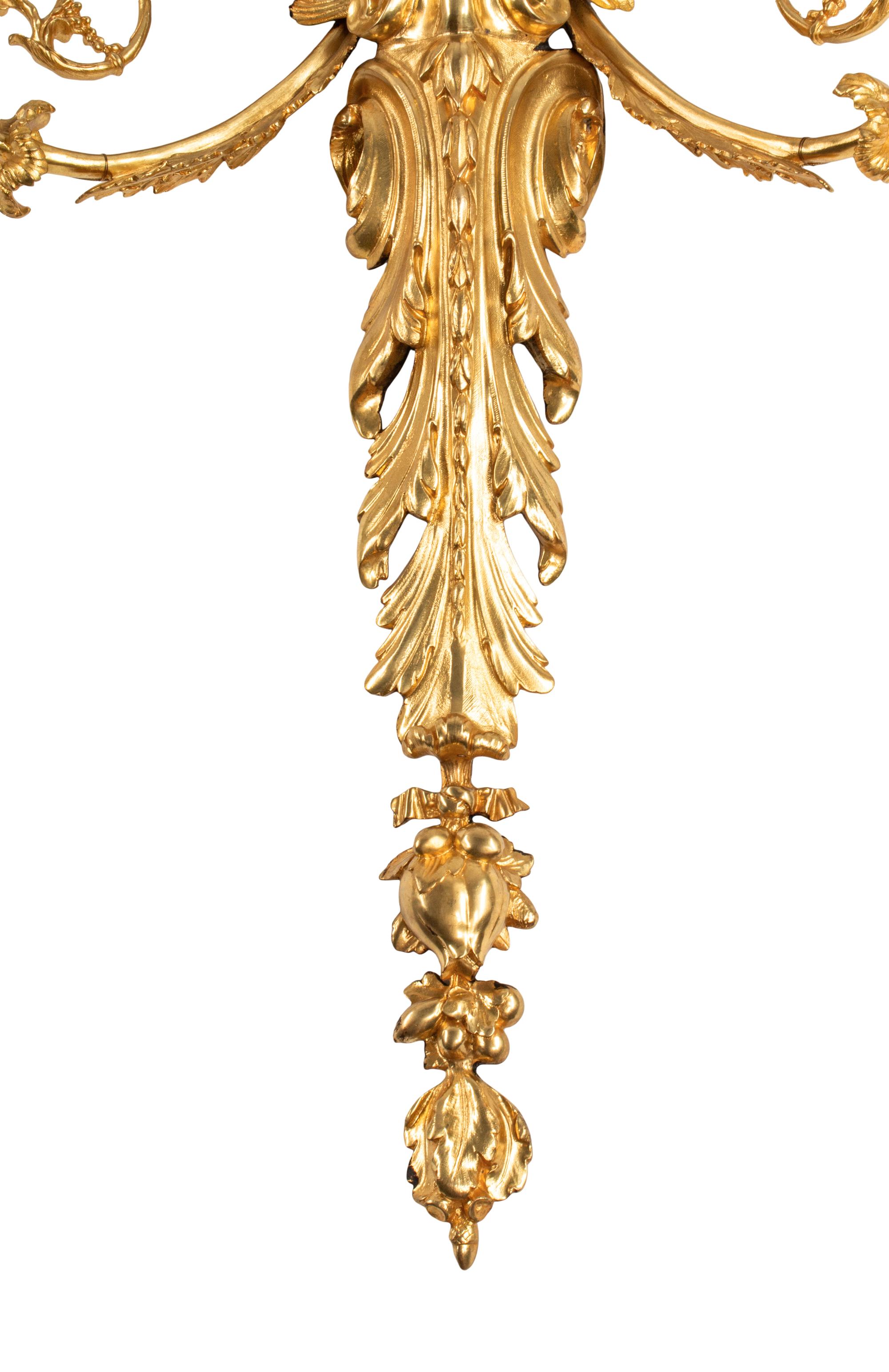 A Pair of Large Louis XV Style Gilt Bronze and Porcelain Two-Light Sconces