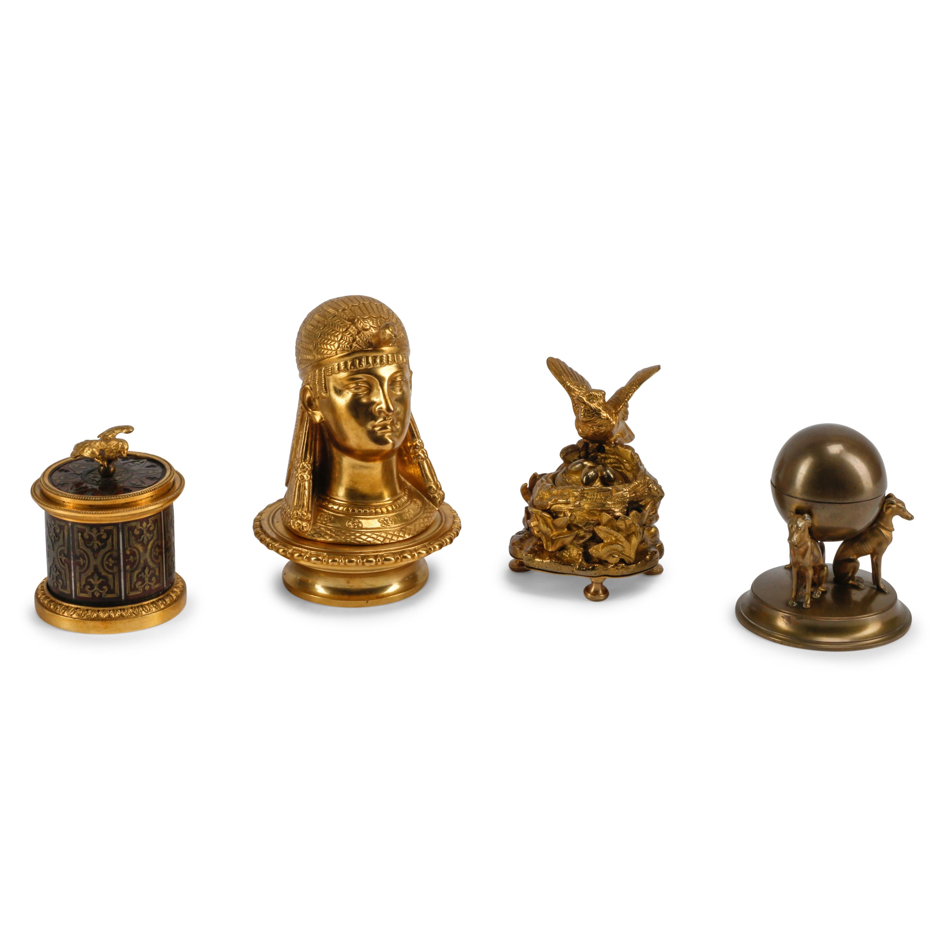 Four Continental Bronze and Brass Inkwells
