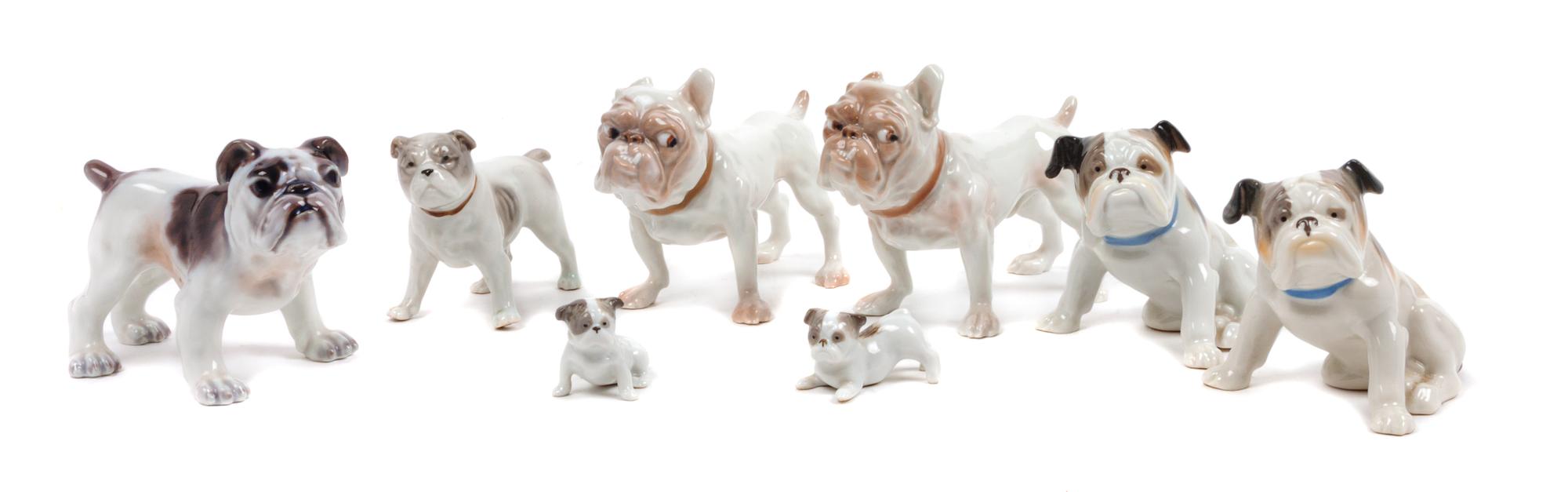 A Group of Eight Porcelain Bulldogs Height of tallest 2 3/4 inches.
