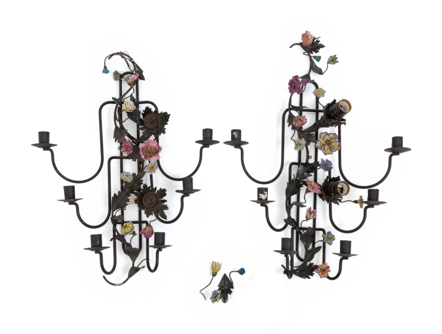 A Pair of Porcelain Mounted Sconces and a Metal Lantern