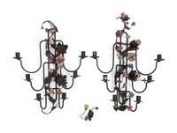 A Pair of Porcelain Mounted Sconces and a Metal Lantern