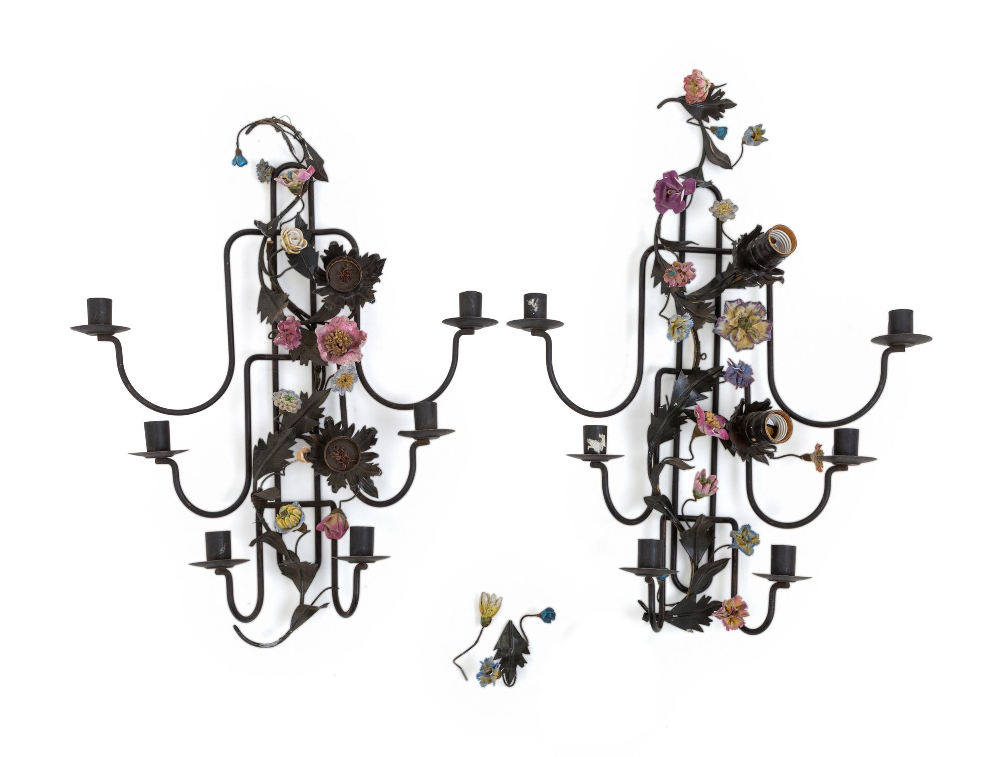 A Pair of Porcelain Mounted Sconces and a Metal Lantern