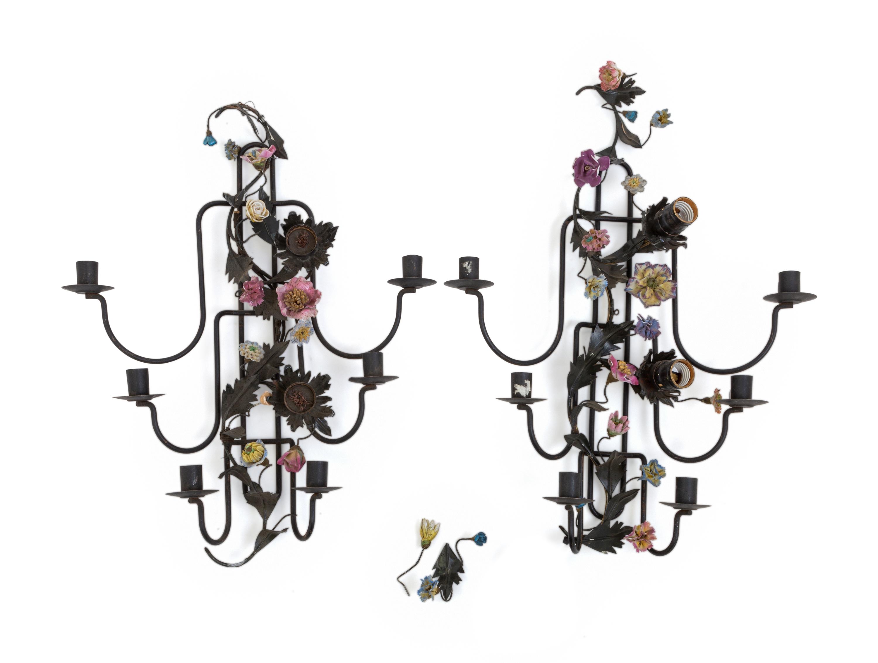 A Pair of Porcelain Mounted Sconces and a Metal Lantern