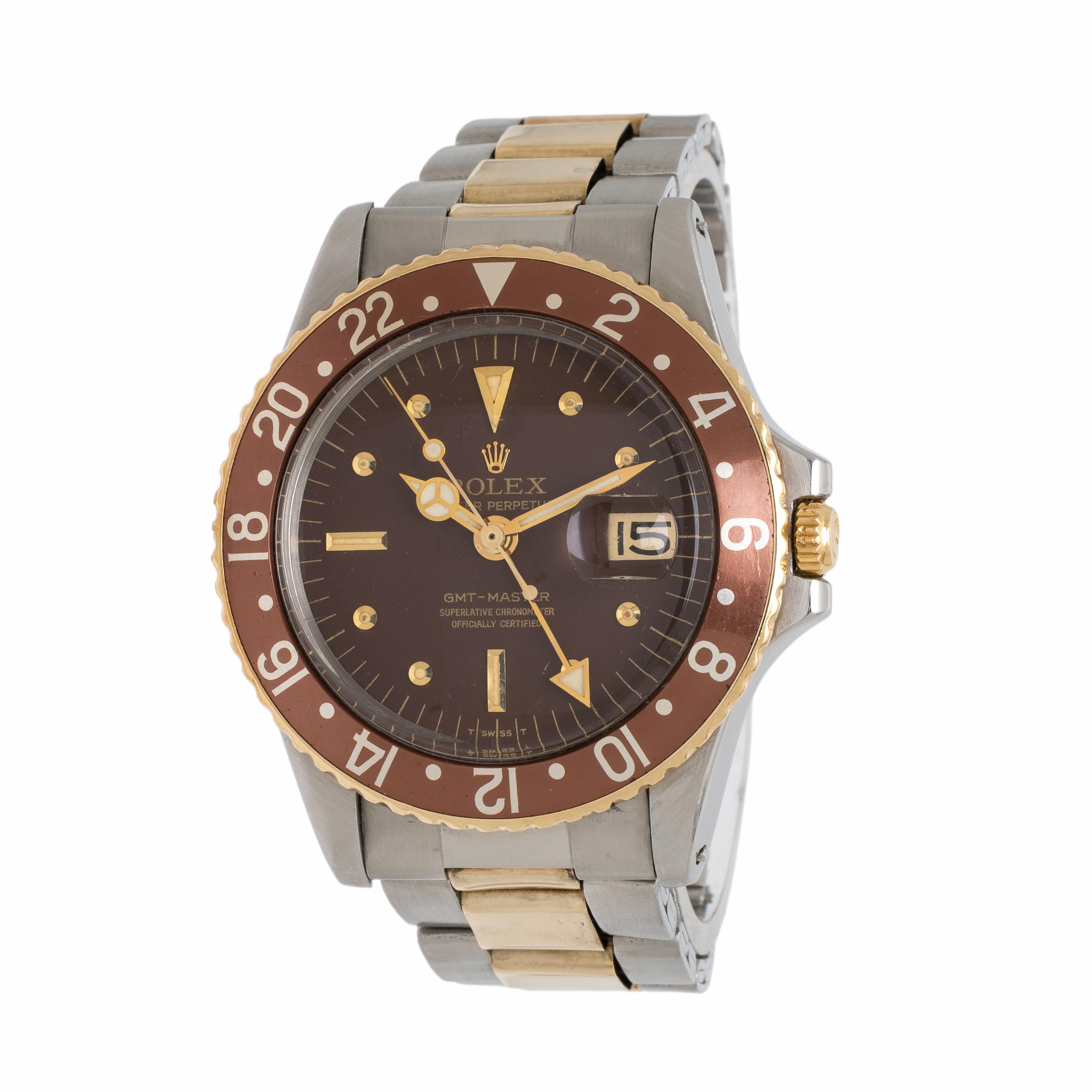 Rolex, Ref. 1675, 18K Yellow Gold and Stainless Steel 'GMT-Master' 'Root Beer' 'Nipple Dial' Watch with Wyler Watch