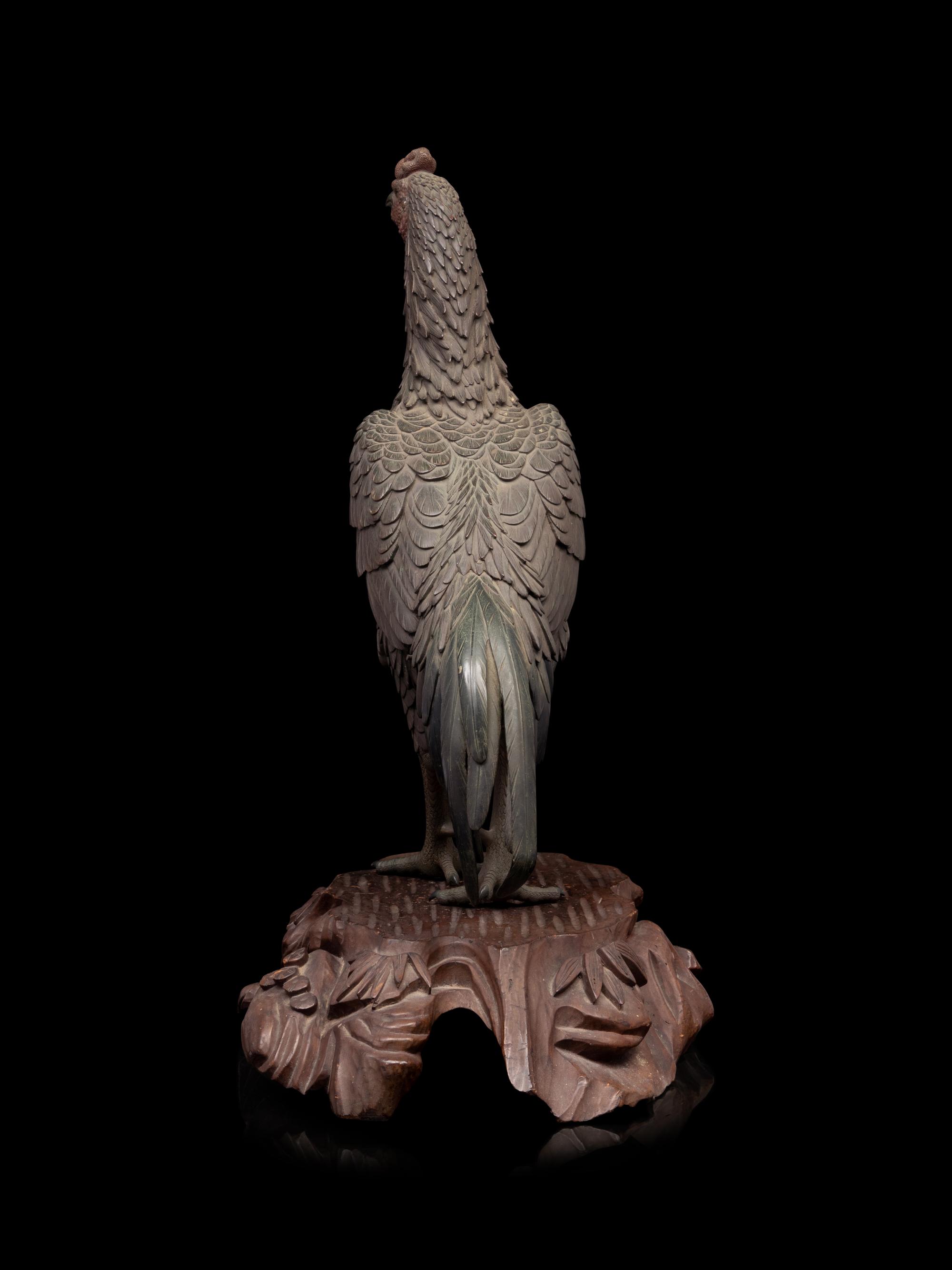 A Patinated-Bronze Okimono of a Cockerel