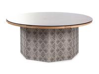 A Contemporary Octagonal Upholstered Dining Table Base with a Circular Glass Top